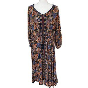 Nostalgia Dress Size Large Long Prairie Tie Waist Floral Rayon Festival Boho